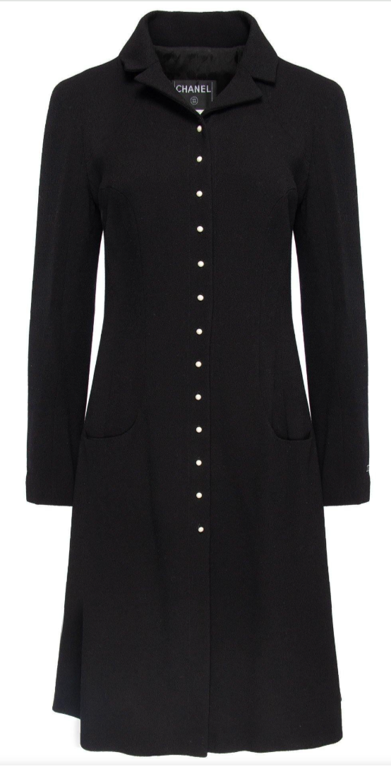 Chanel F/W 02 Long Black Wool Jacket Pearl Buttons - Size 44