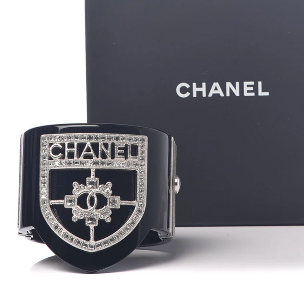 Chanel F/W 2015 Crystal Shield CC Logo Black Resin Statement Cuff