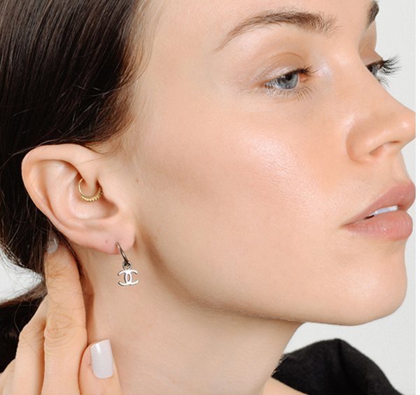 Chanel Vintage Silver-Tone Interlocking CC Drop Hoop Earrings