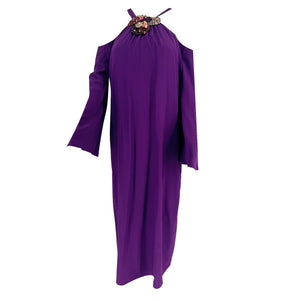 PAMELLA ROLAND Purple Cold Shoulder Beaded Neck Long Sleeve Maxi Dress 10.