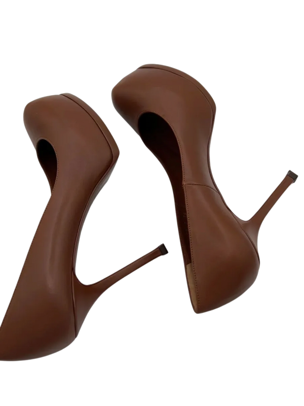 YSL Cognac Leather Tribtoo Platform Heels - NEW