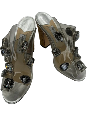 Jimmy Choo "Ling" Jeweled Plexi Slide Sandal with Rope Heel