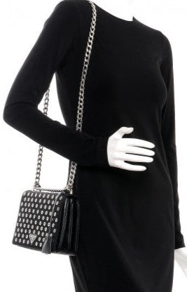 Prada Tessuto Nylon Soft Calf Grommet Chain Shoulder Bag Nero Black