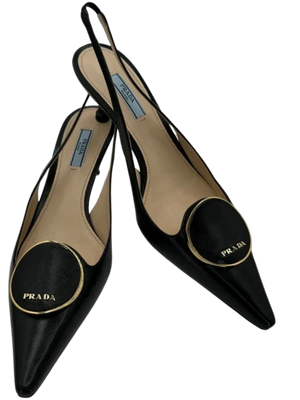 Prada Pointed Toe Round Orbit Logo Leather Slingbacks *NEW*