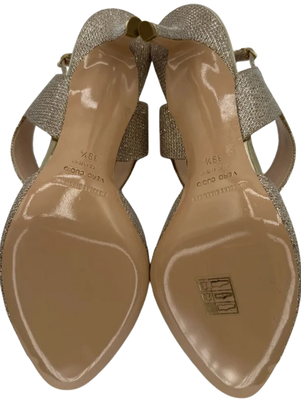 Nicholas Kirkwood Metallic Beige Glitter Fabric Ankle Strap Sandalsn *NEW*