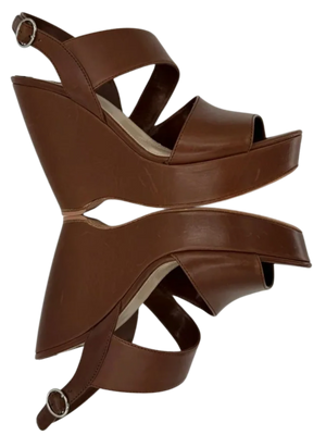 Prada Asymmetric Calfskin Wedge Sandal, Brown