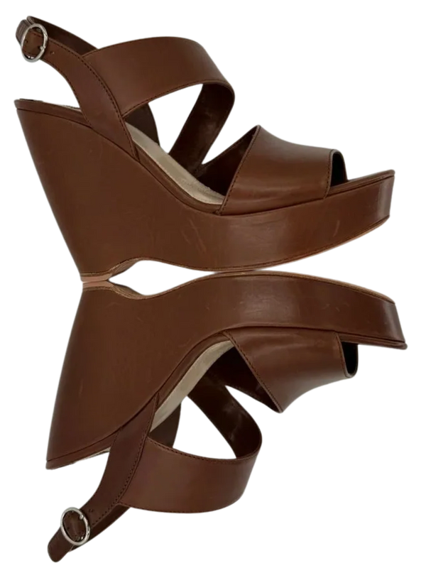 Prada Asymmetric Calfskin Wedge Sandal, Brown