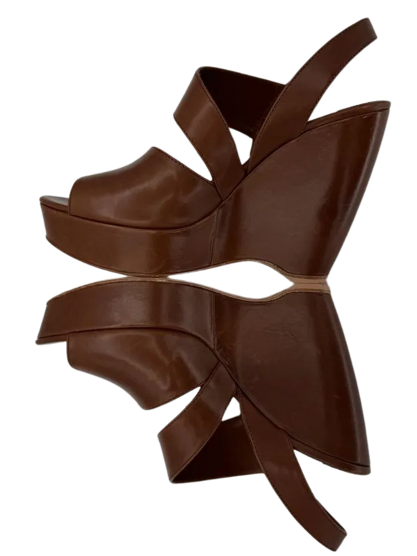 Prada Asymmetric Calfskin Wedge Sandal, Brown
