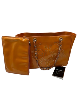 CHANEL Triple Coco Orange Patent Leather Chain Tote Bag