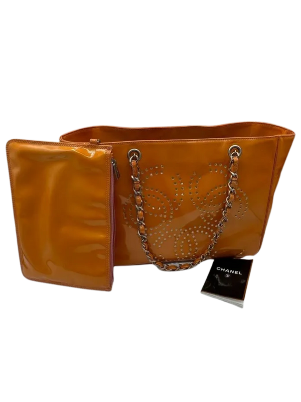 CHANEL Triple Coco Orange Patent Leather Chain Tote Bag
