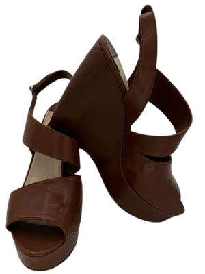 Prada Asymmetric Calfskin Wedge Sandal, Brown