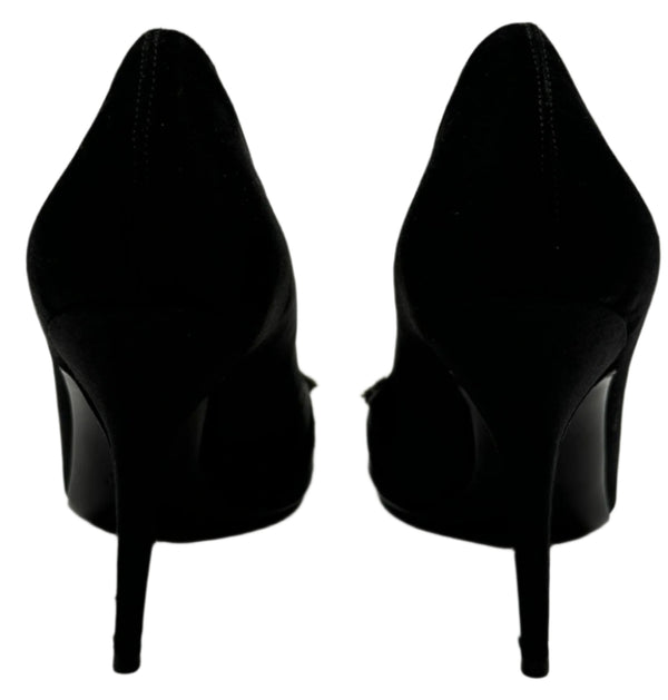 Gucci Black Satin Crystal Bow Embellished Peep Toe Pumps - Size 39