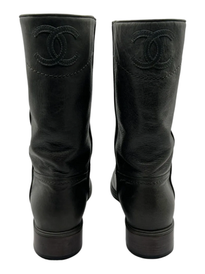 Chanel Grey Leather Mid Calf Boots