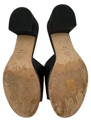 Chanel Women's CC Slide Sandals Embellished Striped Suede Sz. 39.5