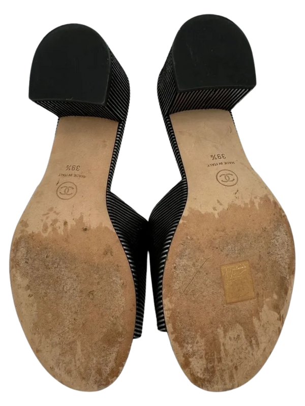 Chanel Women's CC Slide Sandals Embellished Striped Suede Sz. 39.5