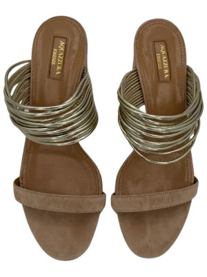 Aquazzura Taupe/Silver Suede And Leather Rendez Vous 50 Slide Sandals