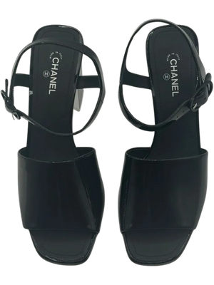 Chanel Black Patent Leather CC Block Heel Ankle Strap