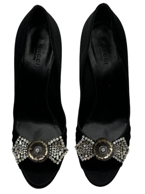 Gucci Black Satin Crystal Bow Embellished Peep Toe Pumps - Size 39