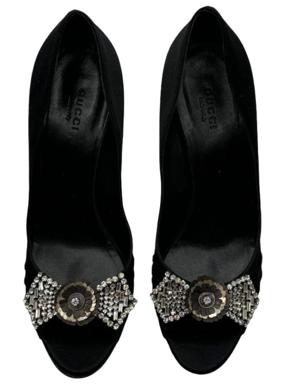 Gucci Black Satin Crystal Bow Embellished Peep Toe Pumps - Size 39