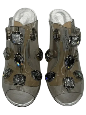 Jimmy Choo "Ling" Jeweled Plexi Slide Sandal with Rope Heel