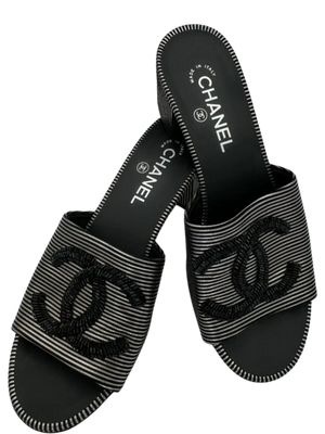Chanel Women's CC Slide Sandals Embellished Striped Suede Sz. 39.5
