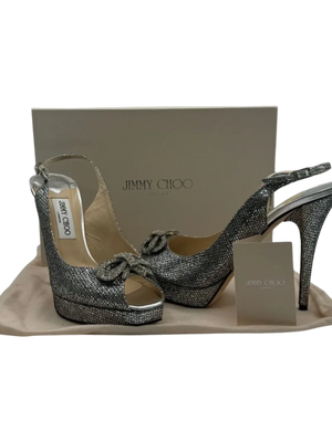 Jimmy Choo Silver Glitter Crystal Embellished Ankle Strap Platform Sandal