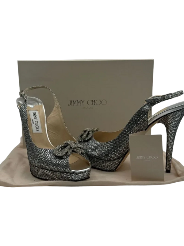 Jimmy Choo Silver Glitter Crystal Embellished Ankle Strap Platform Sandal
