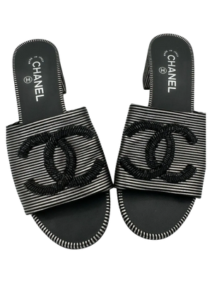 Chanel Women's CC Slide Sandals Embellished Striped Suede Sz. 39.5