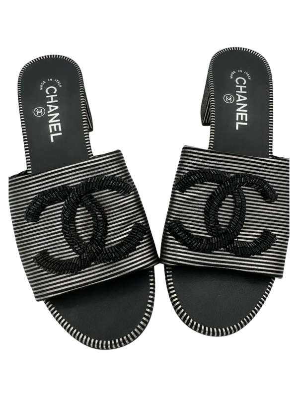 Chanel Women's CC Slide Sandals Embellished Striped Suede Sz. 39.5