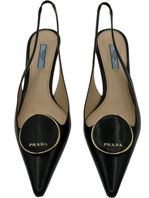Prada Pointed Toe Round Orbit Logo Leather Slingbacks *NEW*