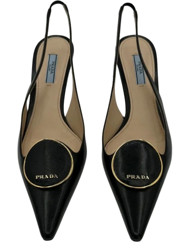 Prada Pointed Toe Round Orbit Logo Leather Slingbacks *NEW*
