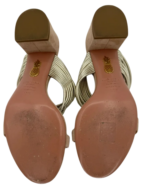 Aquazzura Taupe/Silver Suede And Leather Rendez Vous 50 Slide Sandals