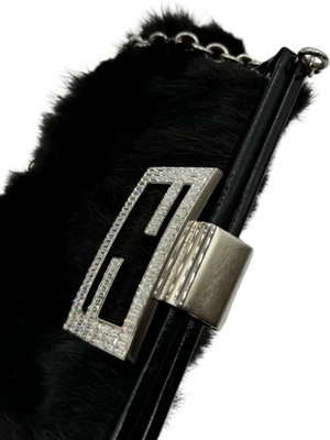 FENDI Mini Baguette Black Fur and Rhinestone/Silver Hardware