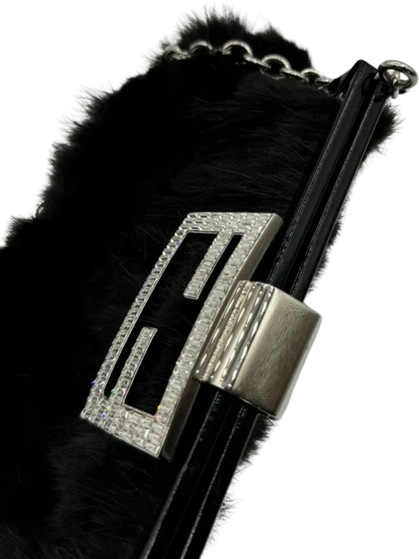 FENDI Mini Baguette Black Fur and Rhinestone/Silver Hardware