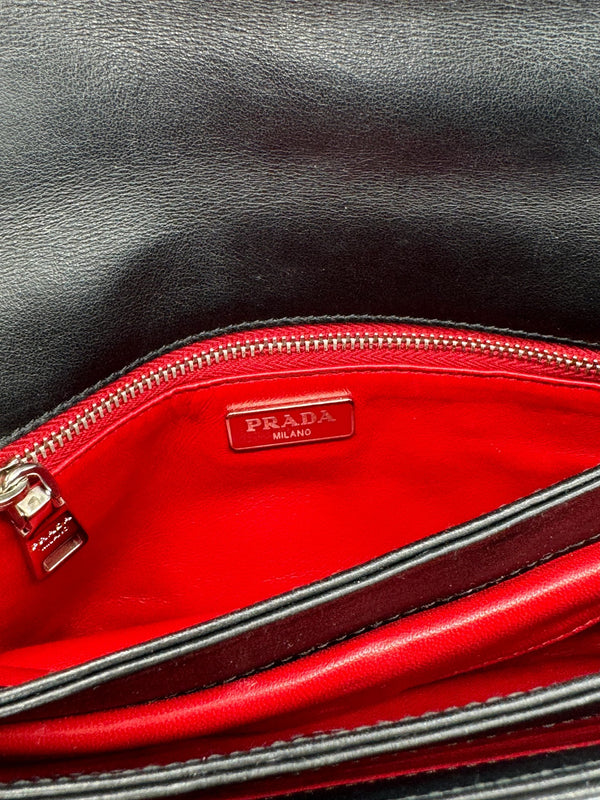 Prada Tessuto Nylon Soft Calf Grommet Chain Shoulder Bag Nero Black
