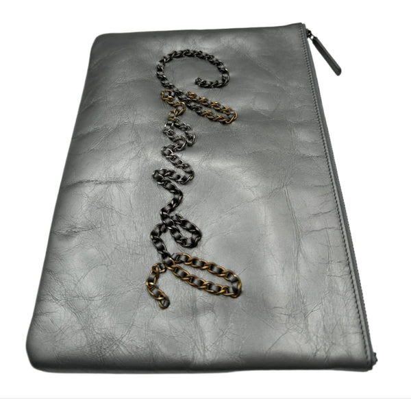 Chanel Written In Chain Metallic Crumpled Calfskin Signature Pouch Silver