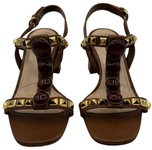 PRADA Cognac Brown Jeweled Stones Studded Sandal - Sz 39