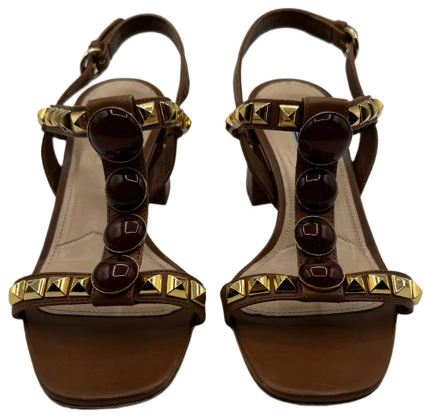 PRADA Cognac Brown Jeweled Stones Studded Sandal - Sz 39