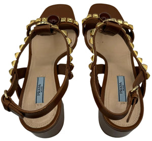 PRADA Cognac Brown Jeweled Stones Studded Sandal - Sz 39