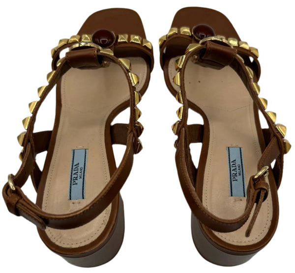 PRADA Cognac Brown Jeweled Stones Studded Sandal - Sz 39