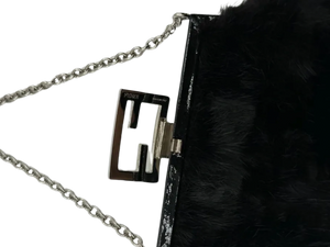 FENDI Mini Baguette Black Fur and Rhinestone/Silver Hardware