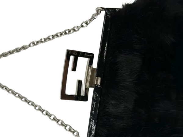 FENDI Mini Baguette Black Fur and Rhinestone/Silver Hardware