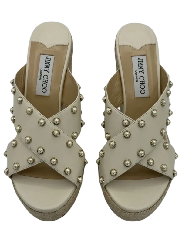 Jimmy Choo Dovina Studded Creamy White Wedge Sandals *NEW*