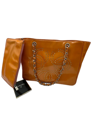 CHANEL Triple Coco Orange Patent Leather Chain Tote Bag