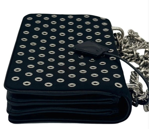 Prada Tessuto Nylon Soft Calf Grommet Chain Shoulder Bag Nero Black