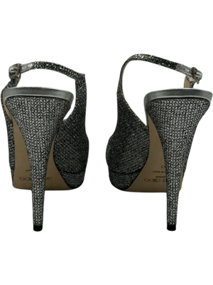 Jimmy Choo Silver Glitter Crystal Embellished Ankle Strap Platform Sandal