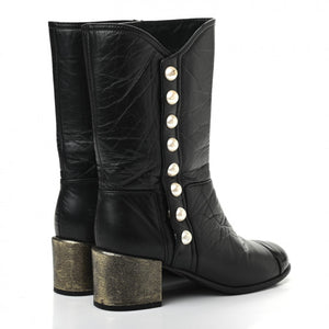 Chanel Black Leather & Patent Cap Toe Boots with Pearl Button Detail – Size 41