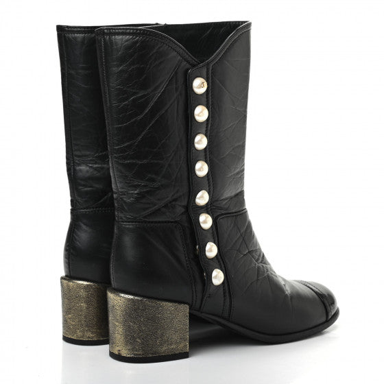Chanel Black Leather & Patent Cap Toe Boots with Pearl Button Detail – Size 41