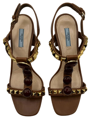 PRADA Cognac Brown Jeweled Stones Studded Sandal - Sz 39