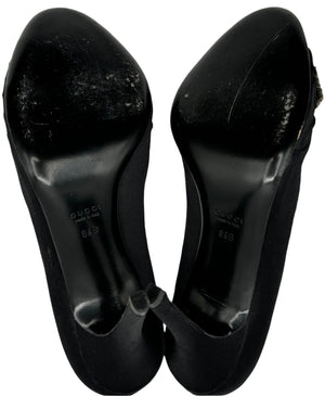 Gucci Black Satin Crystal Bow Embellished Peep Toe Pumps - Size 39
